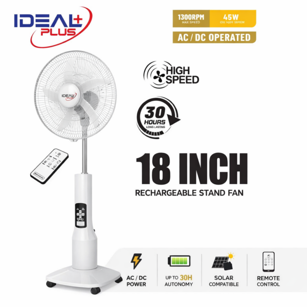 Ventilateur Rechargeable Ideal Plus – 18 Pouces, AC/DC, Autonomie Longue Durée