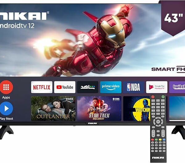 Téléviseur intelligent LED FHD Nikai 43 pouces | Wi-Fi intégré, applications intelligentes, ports HDMI et USB | Haut-parleurs 16 W, processeur quadricœur | Cadre ultra-fin, minuterie de mise en veille, arrêt automatique | 60 Hz | Modèle NTV4300SLED Noir A